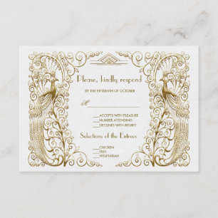 Cartão RSVP Glam White Dourado Art Deco Peacocks Casamento RSV