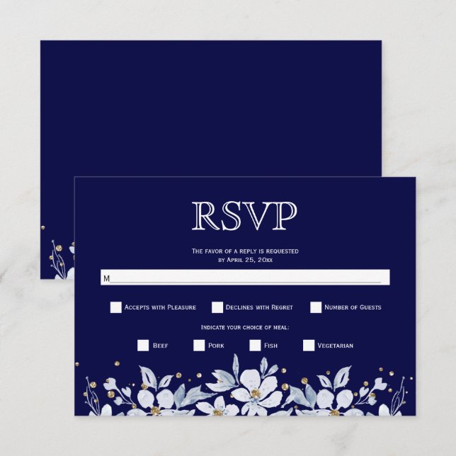 Cartão RSVP Glândula branca floral e joias marinho casamento a (Frente/Verso)