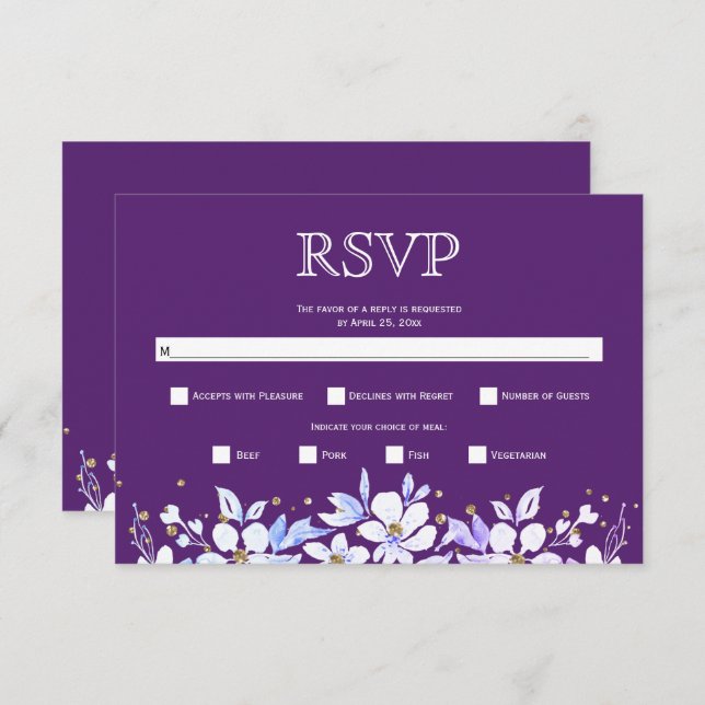 Cartão RSVP Glândula floral branca e casamento de joias roxas (Frente/Verso)