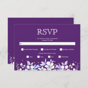 Cartão RSVP Glândula floral branca e casamento de joias roxas