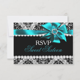 Cartão RSVP Glitter Damask & Laço Jóia Azul Turquesa Doce 16 R