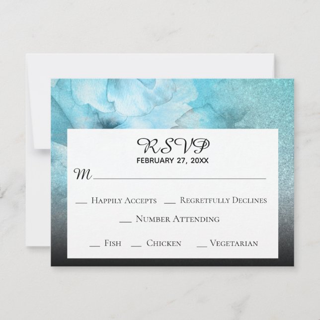 Cartão RSVP *~* Glitter Floral Azul Roxo Casamento Aquarela (Frente)