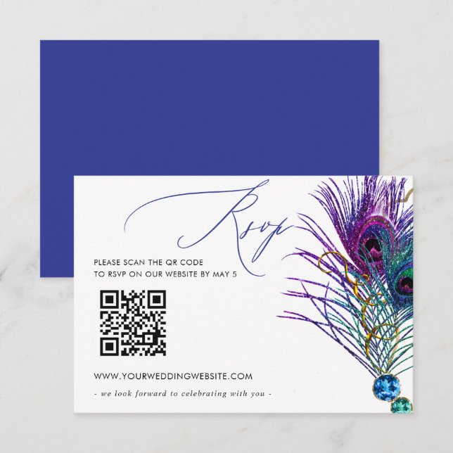 Cartão RSVP Glitter Gold Azul Roxo Pluma de Pavão QR CODE (Frente/Verso)