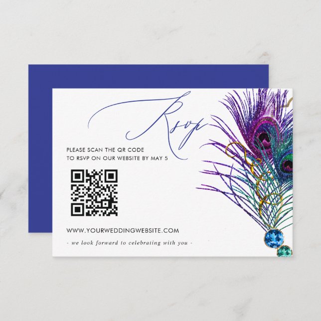 Cartão RSVP Glitter Gold Blue Purple Peacock Plume QR CODE (Frente/Verso)