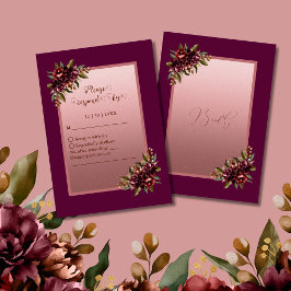 Cartão RSVP glitter Rose Gold Script - Burgundy floral wedding