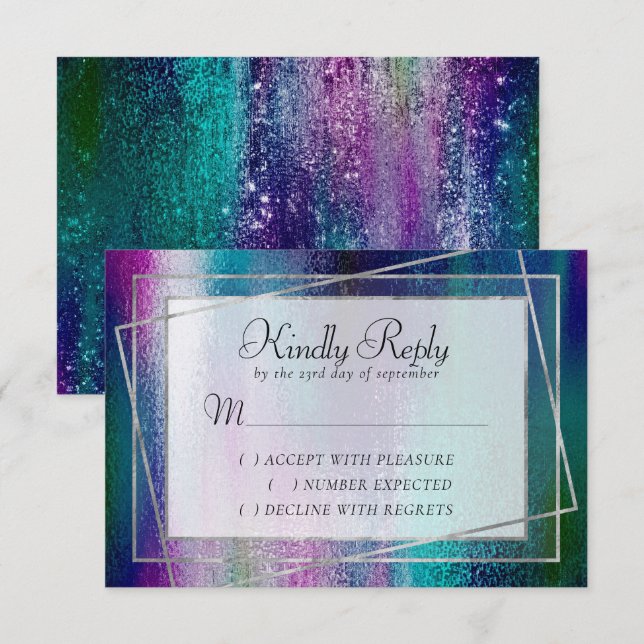 Cartão RSVP Glitzy Foil | Mânre Holográfico Iridescente Escuro (Frente/Verso)