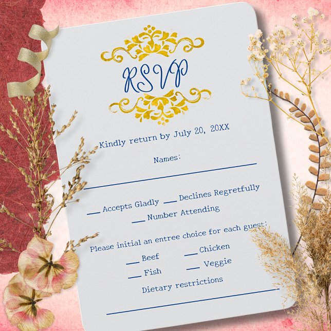 Cartão RSVP Gold Baroque Floral Heart Mexican Wedding (Elegant gold Baroque scrolls with navy text for a refined wedding RSVP design.)