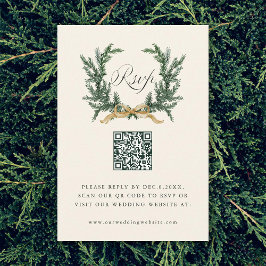 Cartão RSVP Gold Bow & Green Pine Wreath Wedding QR Code Ivory