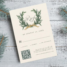 Cartão RSVP Gold Bow & Green Pine Wreath Wedding QR Code Ivory
