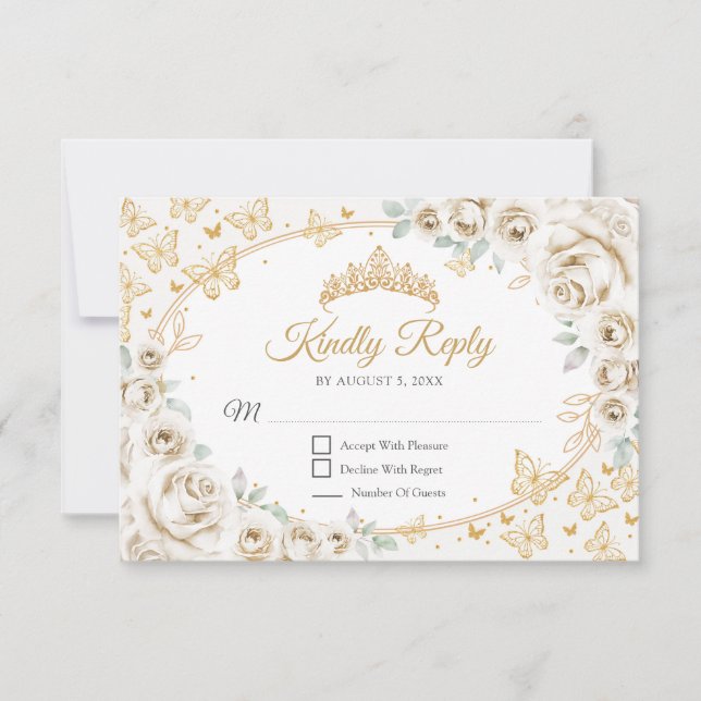 Cartão RSVP Gold Cream Quinceanera Reply (Frente)