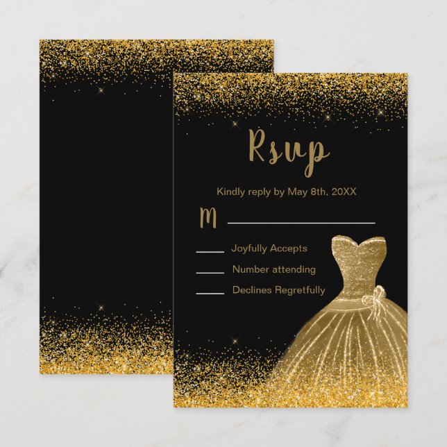 Cartão RSVP Gold Dress Faux Glitter Sweet 16 Birthday (Frente/Verso)