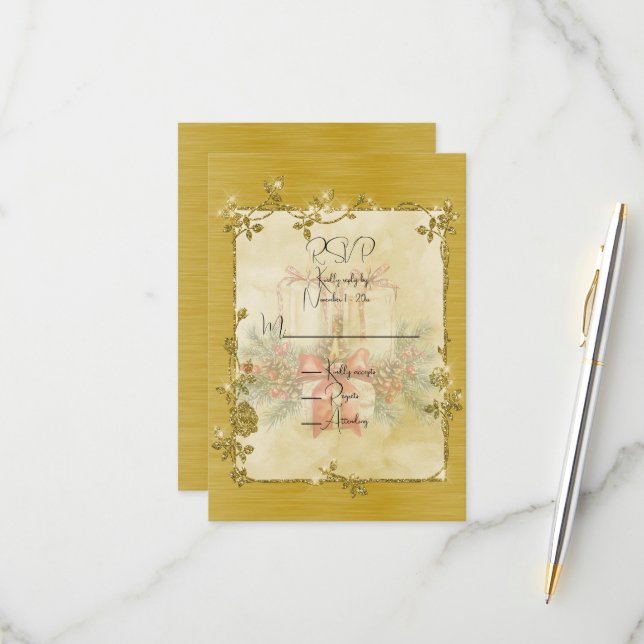 Cartão RSVP Gold Elegant Sparkly Frame  (Frente/Verso In Situ)