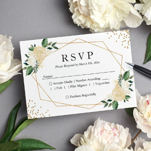 Cartão RSVP Gold Frame Green Ivory Floral Wedding Reply