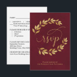 Cartão RSVP Golden Laurel Leaves on Burgundy Elegant Wedding<br><div class="desc">These beautiful RSVP cards will make it easy for your guests to respond to your wedding invitation. They feature an elegant design with fancy script calligraphy and hand painted golden laurel leaves on a marbled burgundy background. The back of the card is a form for your guests to fill out...</div>