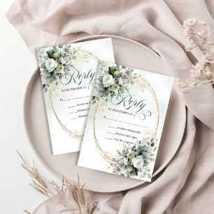Cartão RSVP Golden Touch Aquarela Eucalipto Verde Casamento 