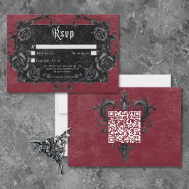 Cartão RSVP Gothic Black Raven & Roses Burgundy QR Code