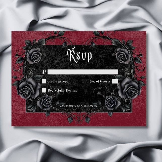 Cartão RSVP Gótica Black Raven e Rosas Borgonha Sem Janto (Gothic Black Raven & Roses Burgundy No Dinner RSVP Card)