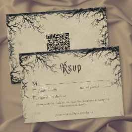 Cartão RSVP Gótico Casamento QR Árvore Corvo Gravação Preto Be
