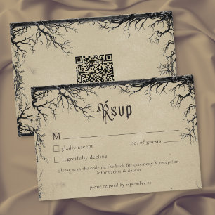 Cartão RSVP Gótico Casamento QR Árvore Corvo Gravação Preto Be