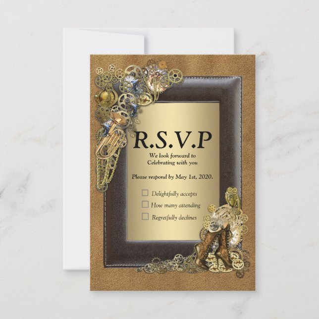 Cartão RSVP Gótico - Casamento Steampunk em Camurça (Frente)