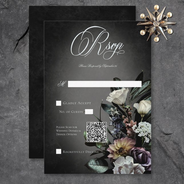 Cartão RSVP Gótico Escuro Misterioso Blur Floral Sem Muda Códi (Dark Gothic Mysterious Muted Floral Blur QR Code RSVP Card)
