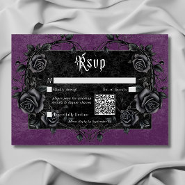 Cartão RSVP Gótico Preto Raven e Rosas Roxo Código QR Roxo