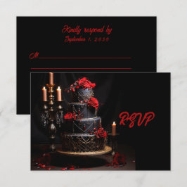 Cartão RSVP Gótico Vermelho Rosa Negro Bolo de Casamento Salve