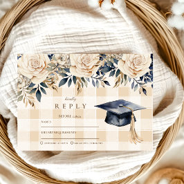 Cartão RSVP Graduação Floral Azul-Marinho Elegante