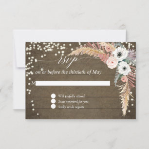 Cartão RSVP Grama das Pampas Boho Rosa Floral Luzes de Cintila
