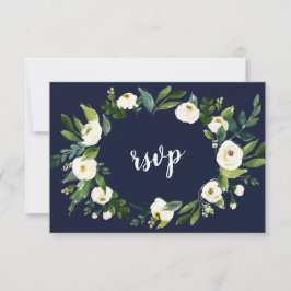 Cartão RSVP Grande Coroa Floral Branca em Aquarela Azul Escuro