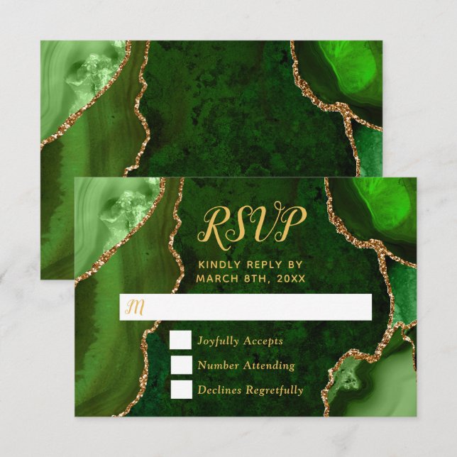 Cartão RSVP Green and Gold Agate Marble (Frente/Verso)