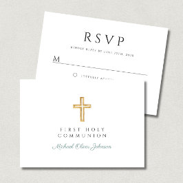 Cartão RSVP Green Script Religious Cross Boy First Communion 