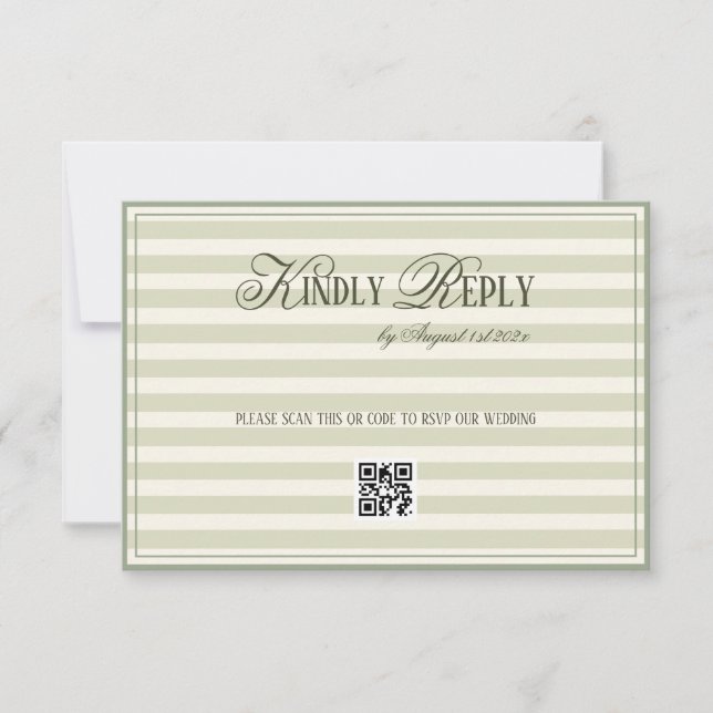 Cartão RSVP Green Striped Old Money Wedding QR code (Frente)