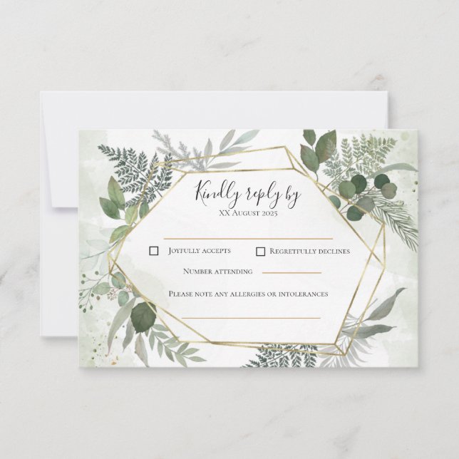Cartão RSVP Greenery boho gold geometric watercolour wedding  (Frente)