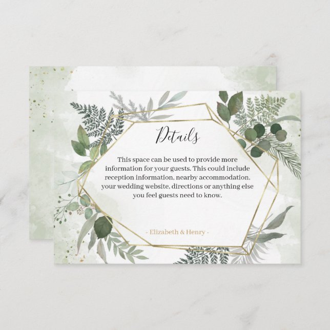 Cartão RSVP Greenery boho gold geometric wedding details (Frente/Verso)