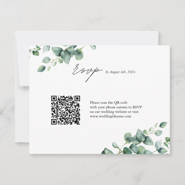 Cartão RSVP Greenery Eucalyptus script QR code casamento (Frente)