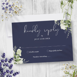 Cartão RSVP Greenery Floral Elegant Marinho Blue Wedding
