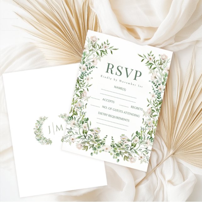 Cartão RSVP Greenery floral wreath botanical garden wedding (Criador carregado)
