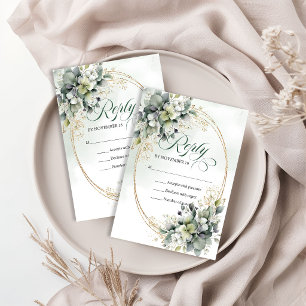 Cartão RSVP Greenery Gold Aquarela Verde Desbotado Casamento R