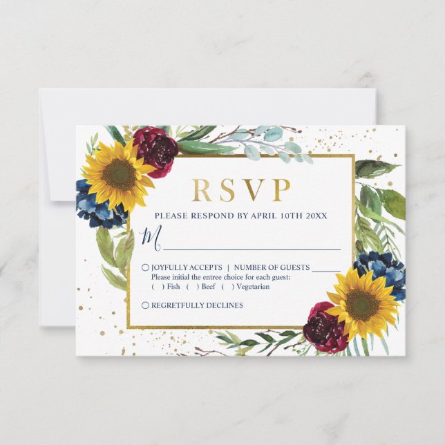 Cartão RSVP Greenery Sunflower Floral Dourado Casamento de Lus (Frente)