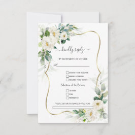 Cartão RSVP Greenery White Flowers Dourado Pedido De Casamento