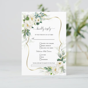 Cartão RSVP Greenery White Flowers Dourado Pedido De Casamento