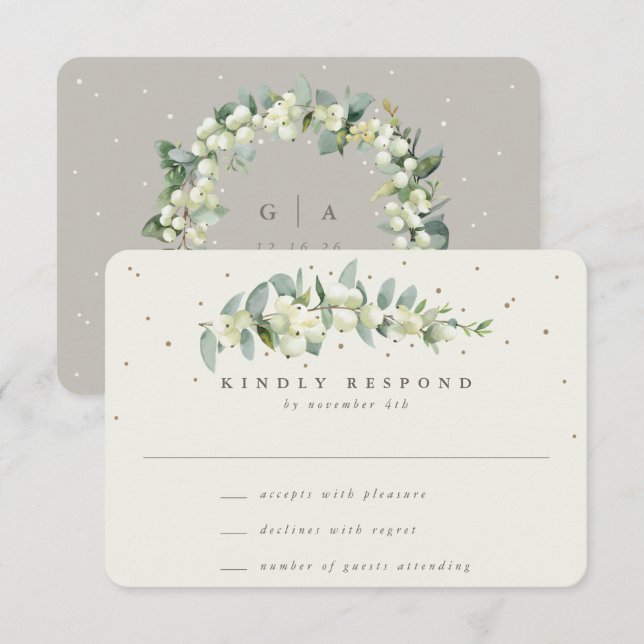 Cartão RSVP Greige/Cream Snowberry+Eucalyptus Stem Weding (Frente/Verso)