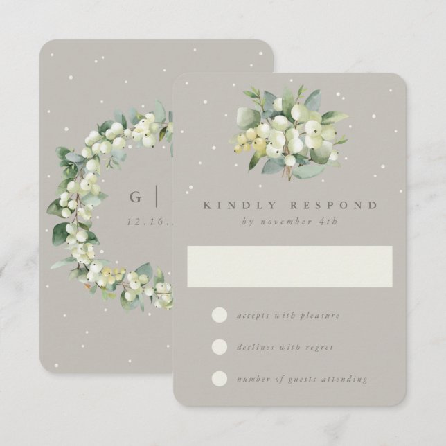 Cartão RSVP Greige Snowberry+Eucalyptus Casamento no inverno (Frente/Verso)