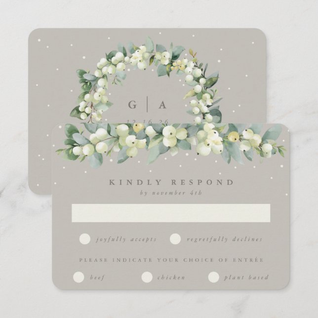 Cartão RSVP Greige Snowberry+Eucalyptus Garland Casamento no i (Frente/Verso)