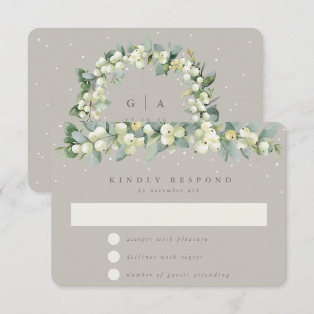 Cartão RSVP Greige Snowberry+Eucalyptus Garland Casamento no i (Frente/Verso)