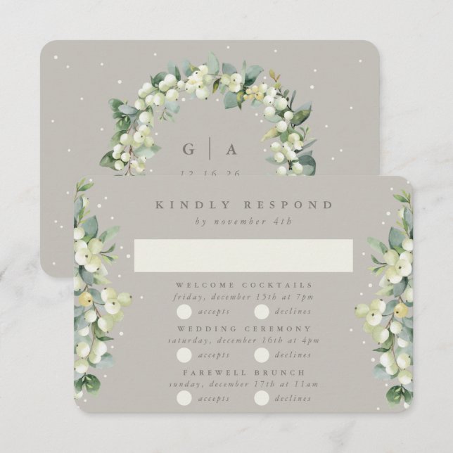Cartão RSVP Greige Snowberry+Eucalyptus Wedding Multi-Evento (Frente/Verso)