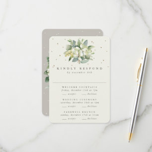 Cartão RSVP Greige Snowberry+Eucalyptus Wedding Multi-Evento