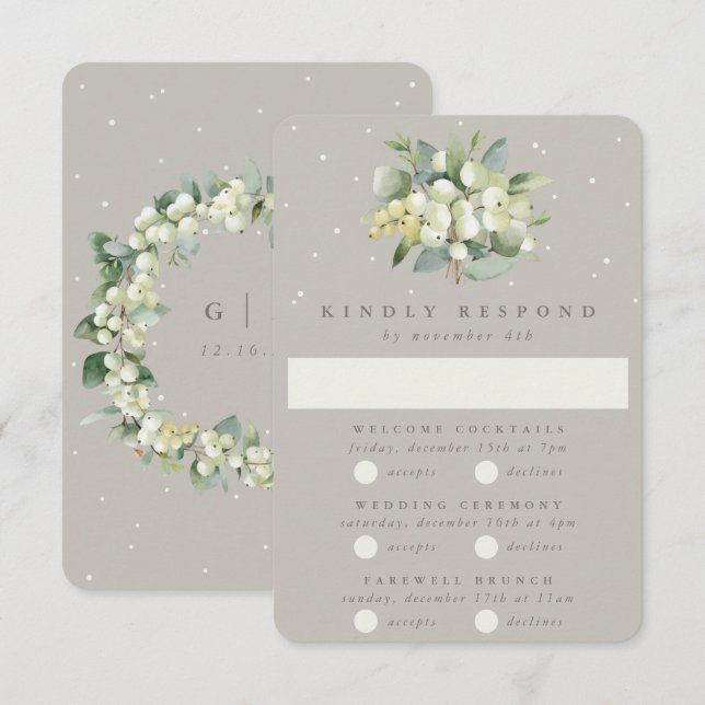 Cartão RSVP Greige Snowberry+Eucalyptus Wedding Multi-Evento (Frente/Verso)