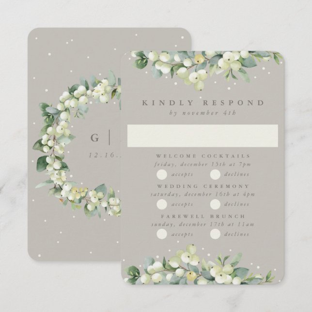Cartão RSVP Greige Snowberry+Eucalyptus Wedding Multi-Evento (Frente/Verso)